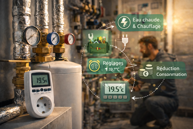 Un local technique illustre l’optimisation énergétique du logement : eau chaude et chauffage, réglages à 19,5°C, maintenance et pilotage pour réduire la consommation et la facture.