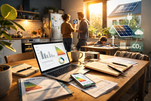 Un foyer suit sa consommation d’énergie et pilote ses usages (thermostat, kWh, autoconsommation solaire) pour réduire la facture et l’empreinte CO₂.