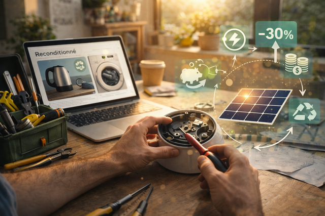 Une réparation d’appareil illustre l’économie circulaire à la maison : reconditionné, réparabilité, réduction des déchets, maîtrise du budget et impact énergétique.