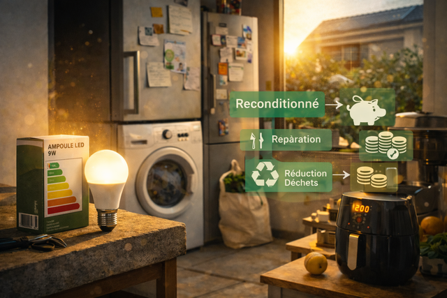 Une cuisine illustre la transition énergétique au quotidien : ampoule LED, équipements sobres, reconditionné et réparation pour réduire les déchets et mieux maîtriser la facture.